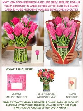 NWT 3D LIFE SIZE POP-UP PINK TULIP HUGE GREETING CARD! BUNDLE W/ NWT 🌻 & DAHLIA!